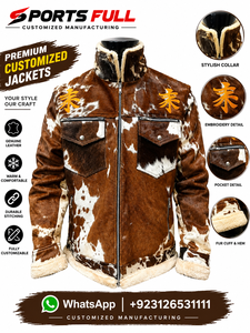 Authentic CUSTOM Unisex Winter Cowhide <b>Jacket</b> Breathable Brown White Pattern Button <b>Fly</b> HIGH STREET Heavyweight Canvas Fabric - Product Image 4