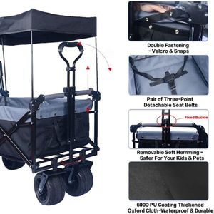 Carrello Pieghevole Robusto con Tettuccio Rimovibile, Ruote Grandi da 4 Pollici per Tutti i Terreni, Freno e Maniglia Regolabile per Uso in Spiaggia - Product Image 4