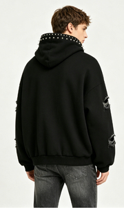 Sweat à capuche personnalisé avec lettres en strass, sweat à capuche noir surdimensionné à manches déchirées, streetwear de haute qualité, sweat à capuche pour hommes - Product Image 3