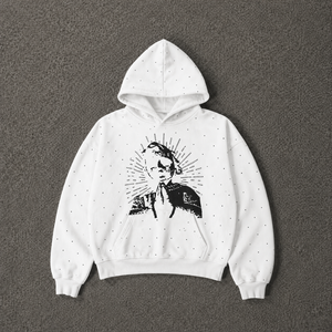 Sweat-shirt à capuche blanc avec strass graphiques, imprimé portrait noir, coupe oversize, streetwear, en coton délavé, unisexe, style urbain décontracté - Product Image 5