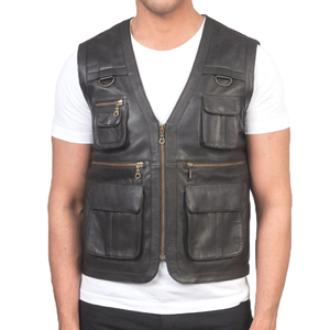 Premium Black Leather Multi Pocket Vest <b>Motorcycle</b> Biker Sleeveless <b>Jacket</b> with Zip Closure Cargo Style Utility Riding Vest - Product Image 1