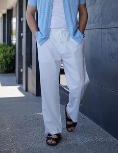 <b>Men's</b> <b>White</b> <b>Linen</b> Casual <b>Pants</b> Elastic Waist Drawstring Straight Fit Lightweight Breathable Summer Trousers with Pockets - Product Image 2
