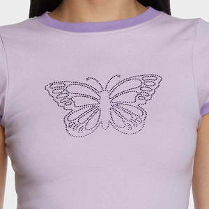 Factory Wholesale Fashion Custom Rhinestone Graphics Contrast Color O-Neck <b>Baby</b> <b>Tee</b> High Quality Women's Stretchy 100% Cotton - Product Image 2
