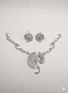 Unique <b>Elephant</b> and Fan Motif American Diamond Necklace Set Luxury CZ Crystal Animal Pendant Choker with Earrings Bridal Fashion - Product Image 3