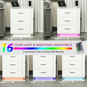 <b>White</b> 3-Drawer <b>Bedside</b> Table Nightstand with RGB LED Charging Station and USB Ports Left Side Cabinet Bedroom Furniture - Product Image 6