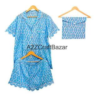 Conjunto de Pijama para Mujer, Hecho a Mano en India, 100% Algodón, Estampado de Bloques con Patrón de Diamantes, Cintura Elástica, Mangas Cortas, Transpirable, Suave, Estilo Vintage - Product Image 6