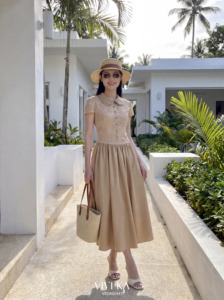Vestido Midi Beige de Encaje con Cuello Peter Pan para Mujer, Corte Ajustado y Evase, Manga Corta, con Lentejuelas, Estilo Vintage, Transpirable, de Chifón, CINDY - Product Image 2