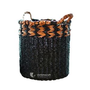 Black Natural Seagrass Eco-Friendly <b>Storage</b> <b>Basket</b> with Handles Circle Woven Organizer Bin for Home Bedroom Living Room - Product Image 1