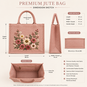 Premium for Jute Tote Bag Solid Embroidery 38x32x15cm Padded Handles Inner Zip Pocket Reinforced Base <b>Beach</b> Ready Canvas Lining - Product Image 2