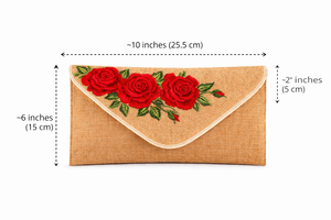 Elegante Bolso de Mano Tipo Sobre de Yute con Bordado de Rosa Roja, Ecológico, para la Noche, para Mujer - Product Image 4
