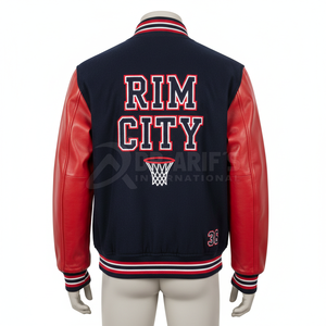Veste de baseball rouge pour homme avec manches en cuir, logo de basketball brodé, style preppy, fermeture éclair, automne - Product Image 1