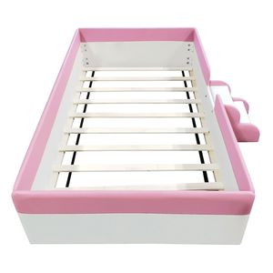 Letto a giorno imbottito per bambini, misura Twin, con recinzione e scale, colore rosa e bianco - Product Image 4