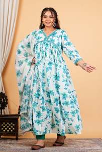 Kurta Anarkali Azul de Algodón con Estampado Floral para Mujer, con Dupatta, Cuello en V, Bordado, Mangas Tres Cuartos, Diseño Étnico Global - Product Image 4