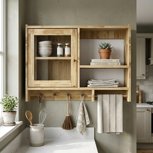 Meuble mural en bois avec portes vitrées, étagères, porte-serviettes et crochets – Unité de rangement flottante polyvalente pour cuisine et salle de bain - Product Image 3