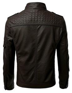 Blouson moto en cuir PU noir pour homme, col montant, fermeture éclair, coupe ajustée, manches classiques, couleur unie, idéal pour l'automne - Product Image 4