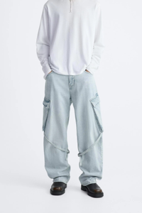 Jean cargo à jambes larges pour hommes, pantalon en denim bleu clair, coupe ample, multi-poches, streetwear, pantalon en coton coupe ample - Product Image 3