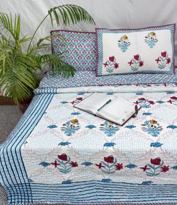 King Size Hand Block Printed Cotton Quilt Comforter <b>Set</b> Reversible Floral Jaipur <b>Bedding</b> with Pillow Covers Soft Quilted Blanket - Product Image 3