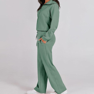 Wholesale Women's Two Piece Casual Quarter Zipper Sweatshirt & Wide Leg Sweatpants <b>Tracksuit</b> Set Loose Outfit With Custom Logo - Product Image 2