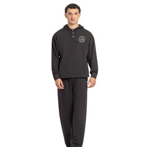 Ensemble coordonné homme coupe droite, sweat à capuche noir en tissu Popcorn avec patch poitrine en caoutchouc et boutons-pression, décontracté OEM ODM - Product Image 1