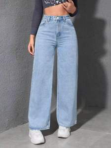 Jeans Anchos de Corte Recto con Bolsillos, Cintura Alta, 100% Algodón, Lavado Ácido - Product Image 6