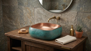 Lavabo de cobre martillado hecho a mano con pátina verdigris, estilo rústico para baño, lavabo de cobre artesanal. - Product Image 6