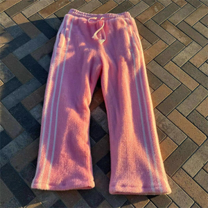 Pantalon de survêtement en molleton rose pour homme, taille élastique avec cordon de serrage, rayures, décontracté, tricoté, hiver - Product Image 4