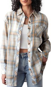 Wholesale Womens Oversized Plaid Flannel Shirt Long Sleeve Button Down Shacket Pink <b>Checkered</b> Casual Loose Fit Blouse Jacket <b>Top</b> - Product Image 4