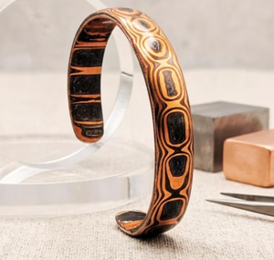 Copper Vintage Mokume Gane Patterned Textured Surface Open Cuff Bangle Bracelet Carved Antique Concentric Oval Ring Motif - Product Image 5