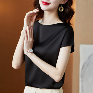 Camiseta de Mujer de Seda Satén Roja con Manga Casquillo y Cuello Redondo, Elegante, Color Sólido, Manga Corta, Corte Regular, Antiarrugas, para Primavera/Verano - Product Image 2