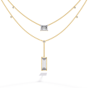 Collar de Cadena Minimalista con Esmeralda y Diamantes Cultivados en Laboratorio con Corte Baguette, Diamantes CVD HTHP, Oro Sólido de 14K, Cadena Doble - Product Image 1