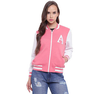 Veste universitaire rose pour femme, décontractée, avec blocs de couleur, fermeture éclair, col rabattable, en polaire, pour l'automne - Product Image 1