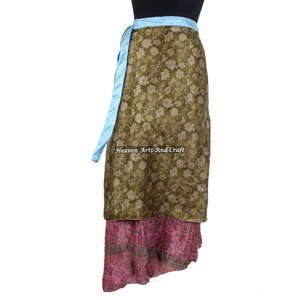Faldas de Sari de Seda Estampadas Indias, Faldas Cruzadas Largas de Seda Vintage para Mujer, Sari Reversible de 2 Capas - Product Image 4