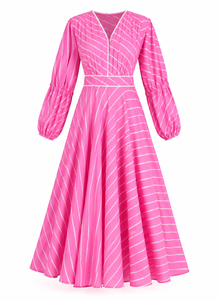 Vestido Maxi Rosa a Rayas con Cuello en V y Mangas Abullonadas, Corte A, Cintura Imperio, Casual de Verano, Tejido Transpirable, Ajuste Holgado - Product Image 5