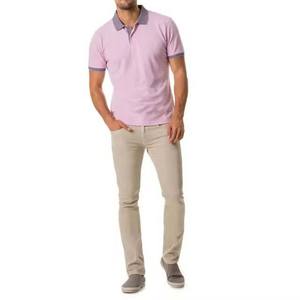 Polo à manches courtes rose clair pour homme, couleur unie, décontracté, tricoté, respirant, en coton, coupe classique - Product Image 1