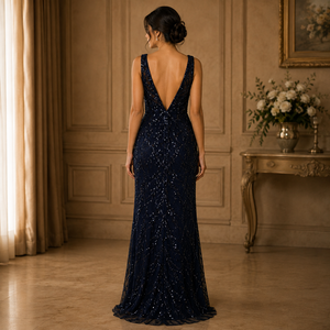 Elegante Vestido de Noche Azul Marino con Lentejuelas Bordadas para Mujer, Cuello en V, Sin Mangas, Vestido Largo Formal para Fiesta, Boda, Invitada, Graduación - Product Image 3