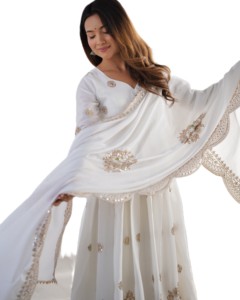 Salwar Kameez en soie blanche, longueur au sol, avec dupatta brodé, tenue traditionnelle indienne et pakistanaise pour mariage, robe Anarkali pour femmes - Product Image 3