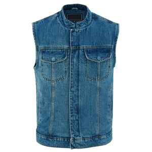 Gilet en jean bleu vintage sans manches pour homme, col montant, double poche poitrine, veste en jean délavée, logo personnalisé, streetwear, gilet en jean OEM - Product Image 1