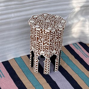 Handmade Eco-Friendly Bone Inlay Floral Pattern Modern Round Table for Baptism Home Decor - Product Image 1