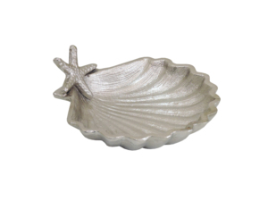 Cuenco Decorativo de Concha de Vieira Plateada y Estrella de Mar - Plato Náutico de Aluminio Hecho a Mano y Centro de Mesa con Temática Marina Costera - Product Image 1