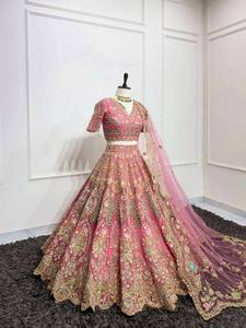 Lehenga Choli Tradicional Indio Rojo de Diseñador, Sin Coser, Último Modelo para Novias, Bodas y Fiestas, de Organza, Corte Ajustado, Verano/Invierno, Secado Rápido - Product Image 2