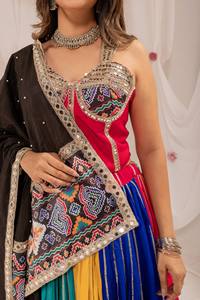 Traditional Indian Wedding Lehenga Set Women's Pure Rayon Colorful Embroidered Floor-Length Skirt with <b>Red</b> <b>Crop</b> <b>Top</b> and Dupatta - Product Image 3