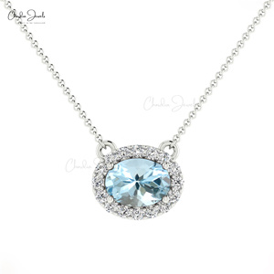 Trending Products Oval Cut 7x5mm Aquamarine & Diamond Halo Necklace 14k Solid Gold <b>Link</b> Chain Necklace Top Wholesale Suppliers - Product Image 2