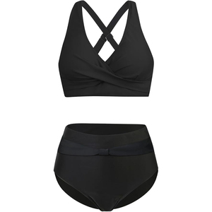 Conjunto de bikini para mujer, top cruzado con cuello halter, parte inferior de cintura alta, traje de baño negro liso, ropa de playa de dos piezas - Product Image 2
