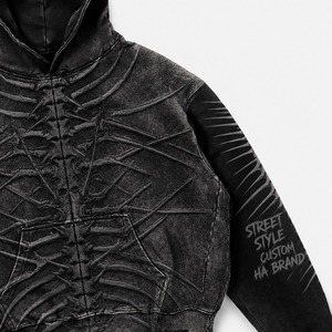 Sweat à capuche en molleton surdimensionné, personnalisé, délavé à l'acide, avec motif squelette brodé et gaufré, ourlet brut, style streetwear - Product Image 5