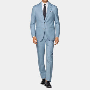 Costume plissé homme en laine/soie sur mesure, bleu clair, coupe ajustée, blazer et pantalon, polyvalent pour affaires et mariages - Product Image 1