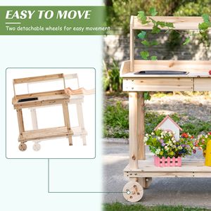 Banco da Lavoro in Legno Naturale con Ampio Spazio di Stoccaggio, Ruote e Cassetto con Lavello, Panca da Giardino - Product Image 4