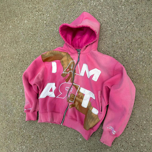 Vente en gros de sweats à capuche pour hommes en molleton épais vintage, style hip-hop, avec strass, effet vieilli, unis, personnalisables, délavés à la pierre et découpés au laser - Product Image 2