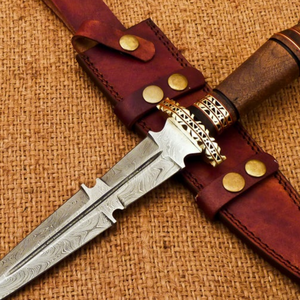 Handmade Damascus <b>Steel</b> Dagger Knife with Brown Wooden Handle Gold Decorative Guard Patterned Fixed Blade and Brown Leather - Product Image 5