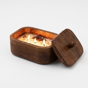 Bougie artisanale en bois avec couvercle, 3 mèches, en cire de soja, luxe, vente en gros, décoration rustique pour la maison, utilisation comme bougie en bois - Product Image 1