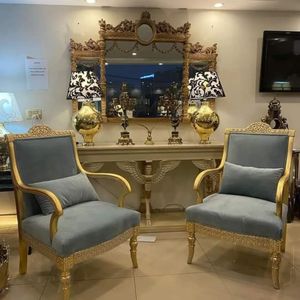 Fauteuil d'appoint en bois massif de style français, fauteuil capitonné avec cadre en bois sculpté à la main, pour salon ou chambre à coucher - Product Image 2